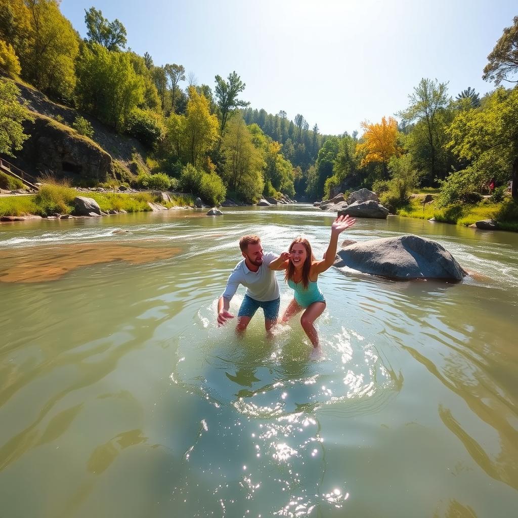 A scenic view of a tranquil river surrounded by lush greenery, featuring a playful scene with a couple enjoying themselves in a lighthearted manner