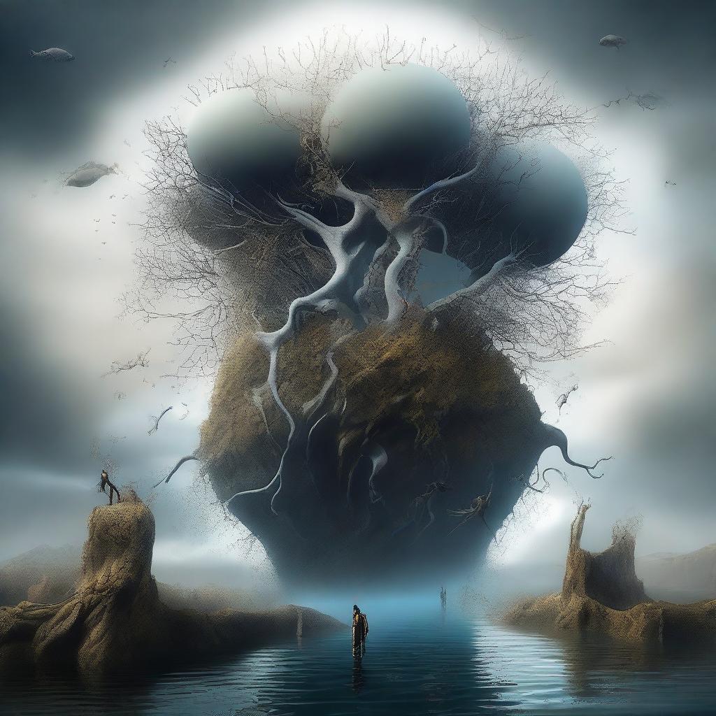 An ultra-high quality digital art piece portraying a surreal scene where divers with neuron-shaped heads are escaping from an intangible, paradoxical geological formation