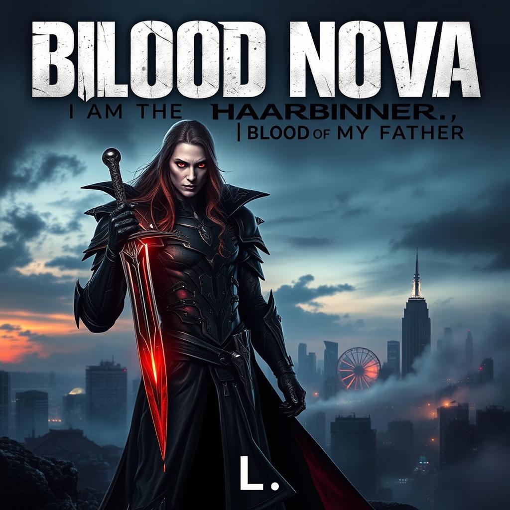 A dark sci-fi vampire fantasy book cover showcasing a desolate, futuristic city skyline at dusk, shrouded in shadows and mist