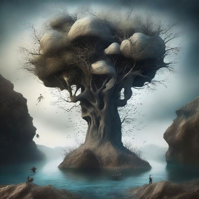 An ultra-high quality digital art piece portraying a surreal scene where divers with neuron-shaped heads are escaping from an intangible, paradoxical geological formation