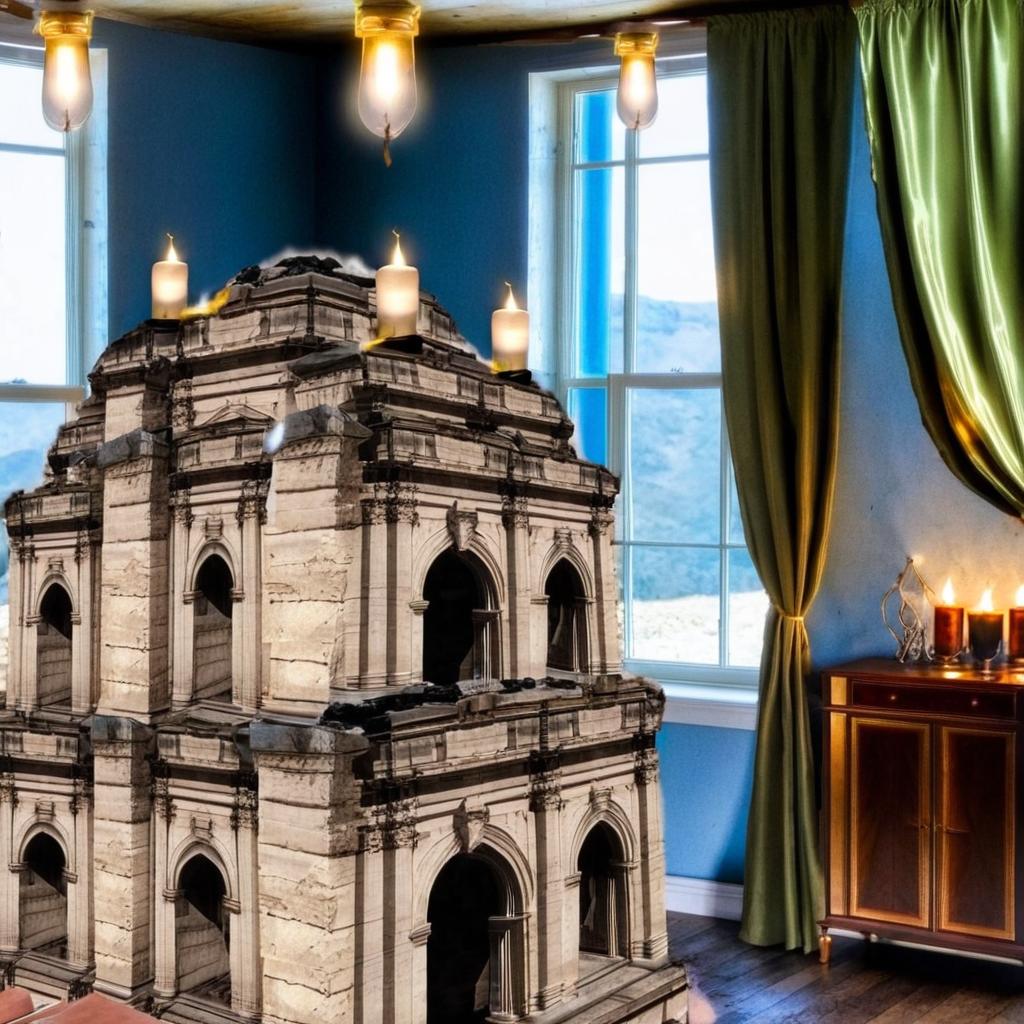 Stone and rock room with some torn old curtains Golden candles on shelves