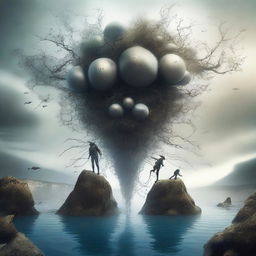 An ultra-high quality digital art piece portraying a surreal scene where divers with neuron-shaped heads are escaping from an intangible, paradoxical geological formation