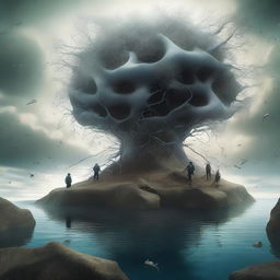 An ultra-high quality digital art piece portraying a surreal scene where divers with neuron-shaped heads are escaping from an intangible, paradoxical geological formation