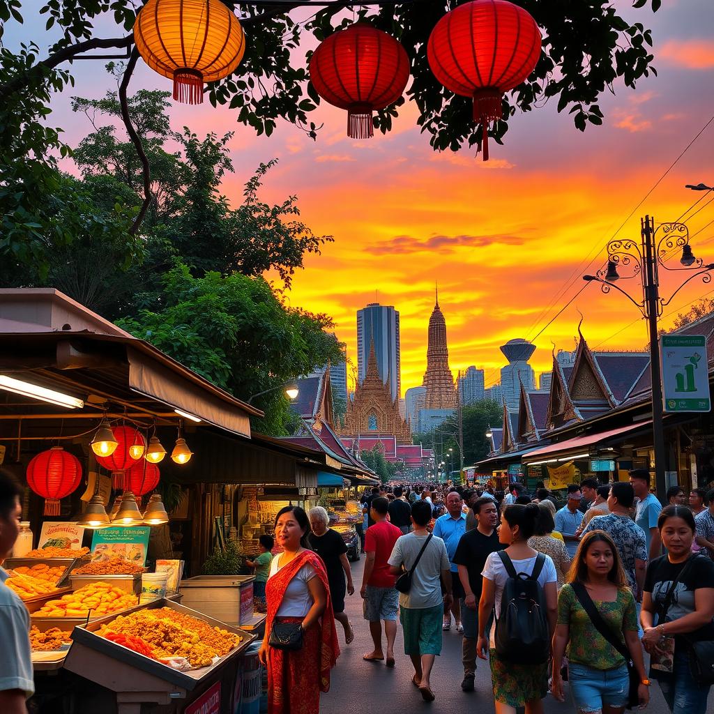 A vibrant scene showcasing the bustling street life of Bangkok, Thailand, during a colorful sunset