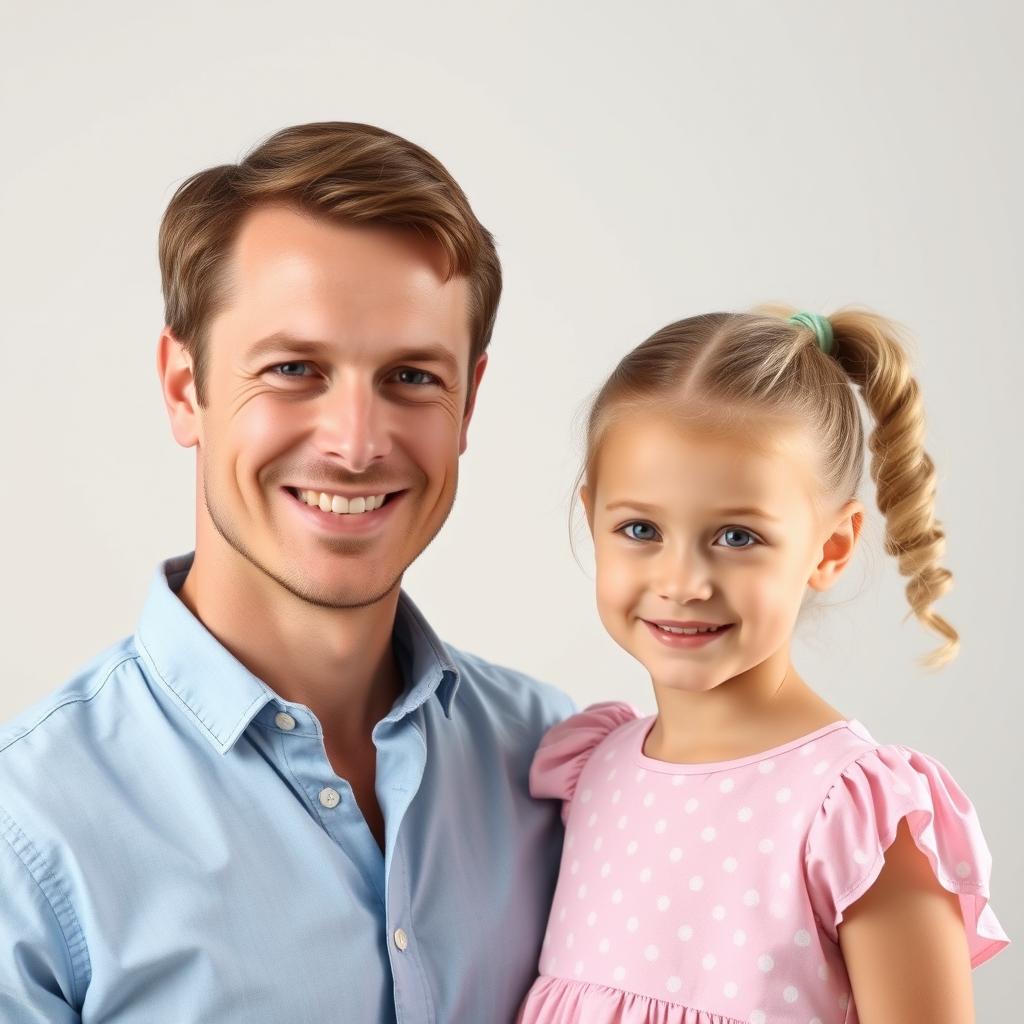 A heartwarming portrait of a father and daughter standing together in a professional studio setting