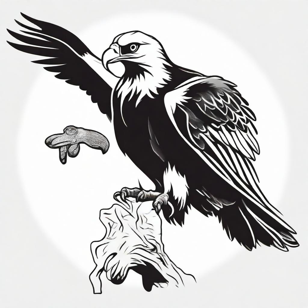 A black and white, high contrast vector-style illustration of an eagle holding a frog, set against a white background. The design should be simple, flat and drawn with line art, ensuring no colors.