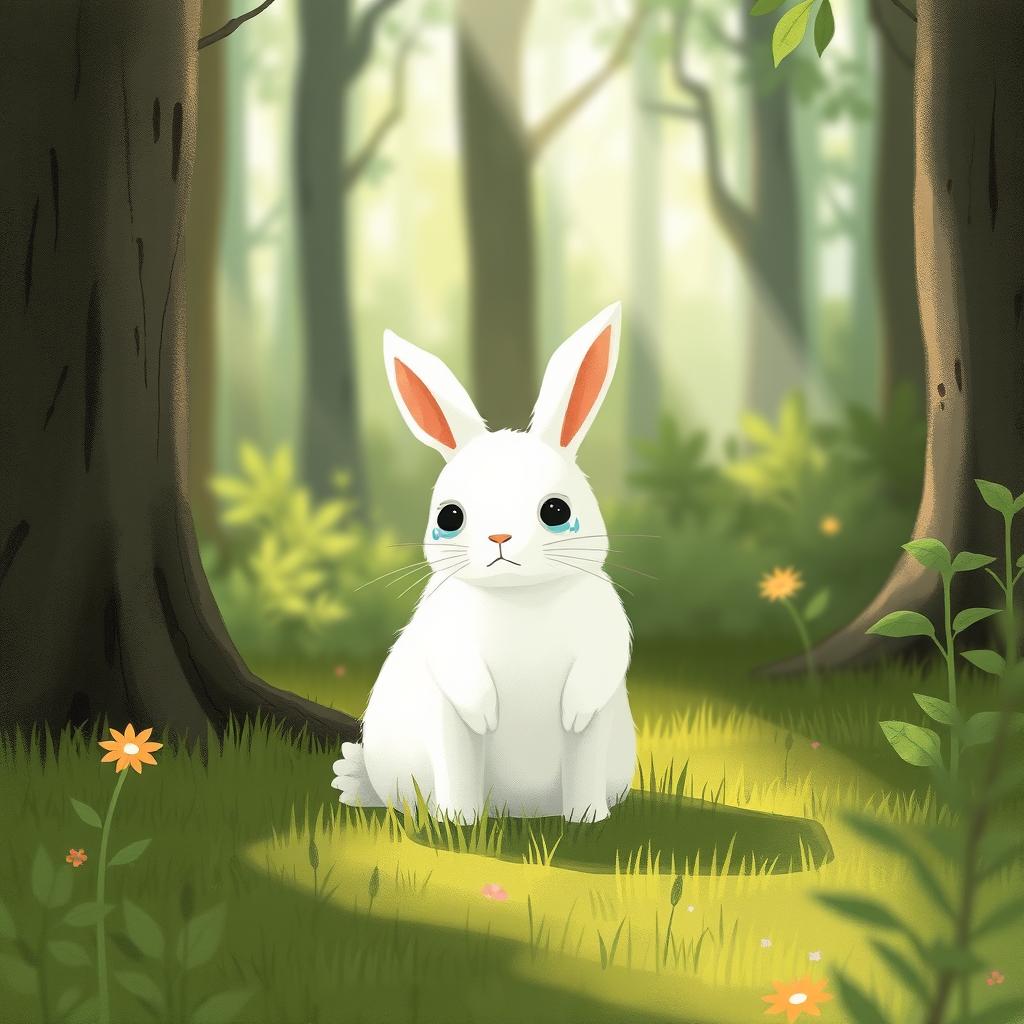 In a serene forest setting, a small white rabbit is portrayed sitting on the grassy ground, tears glistening in its eyes as it cries