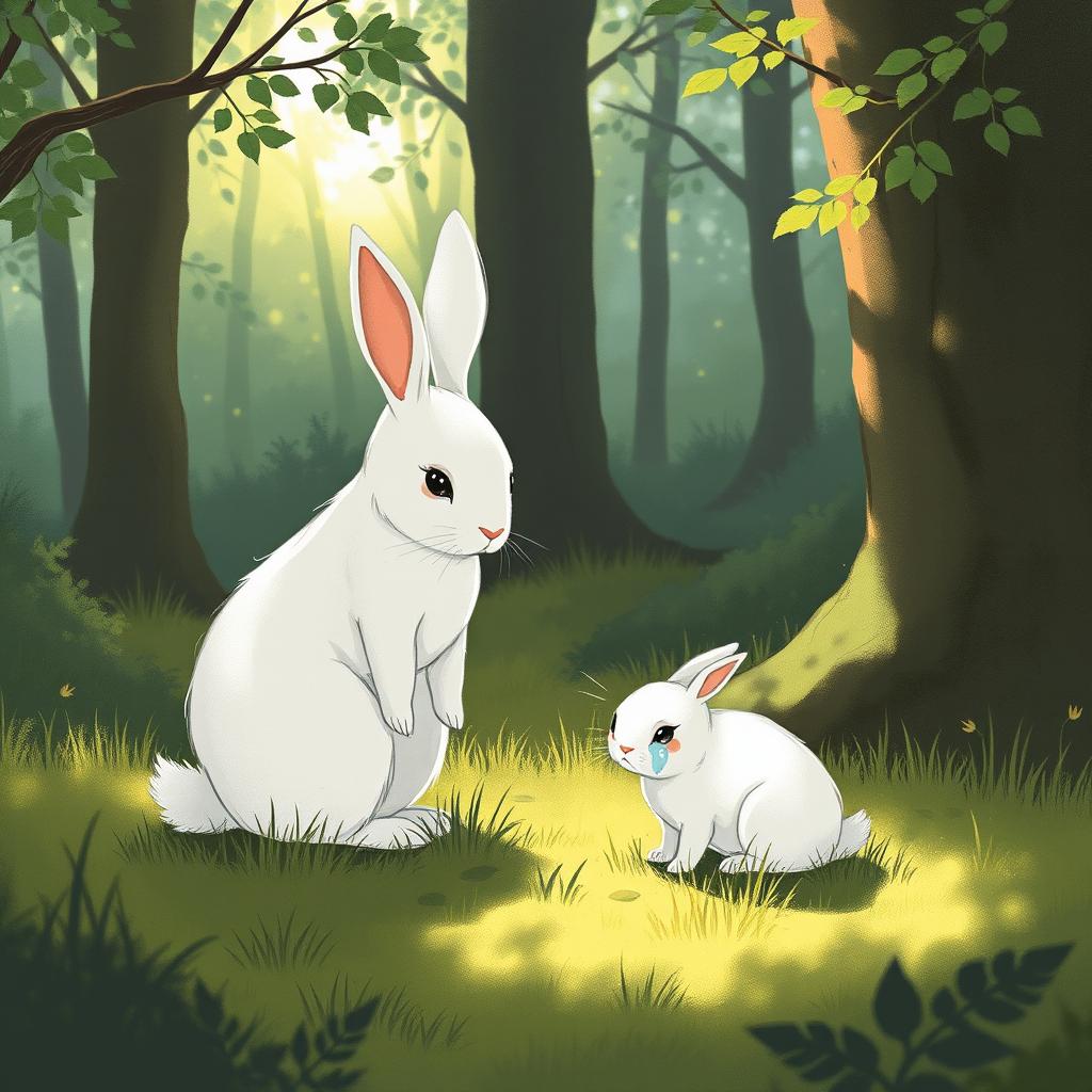 In a picturesque forest scene, a small white rabbit is depicted sitting on the grassy ground, with tears glistening in its eyes as it cries