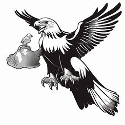 A black and white, high contrast vector-style illustration of an eagle holding a frog, set against a white background. The design should be simple, flat and drawn with line art, ensuring no colors.