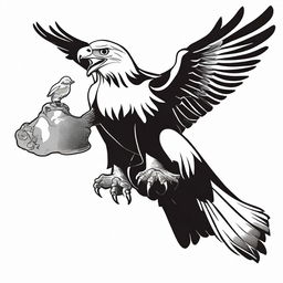 A black and white, high contrast vector-style illustration of an eagle holding a frog, set against a white background. The design should be simple, flat and drawn with line art, ensuring no colors.