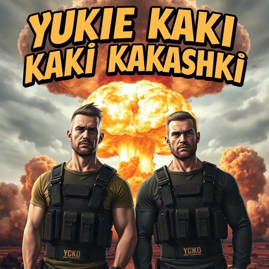 A realistic depiction of two men with distinctive faces, standing in epic poses against the backdrop of a nuclear explosion