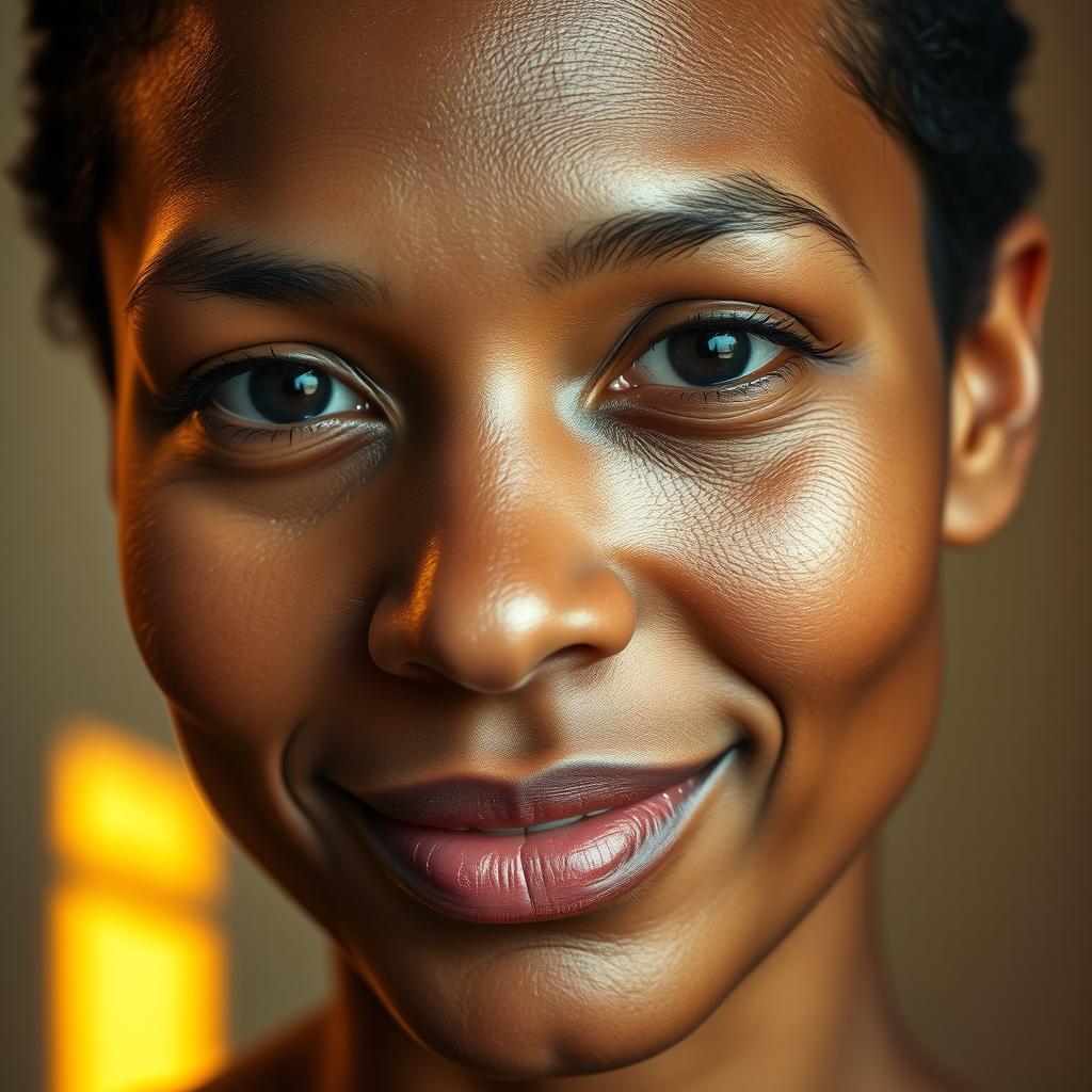A close-up portrait of a person with distinct facial features that reflect signs of maturity