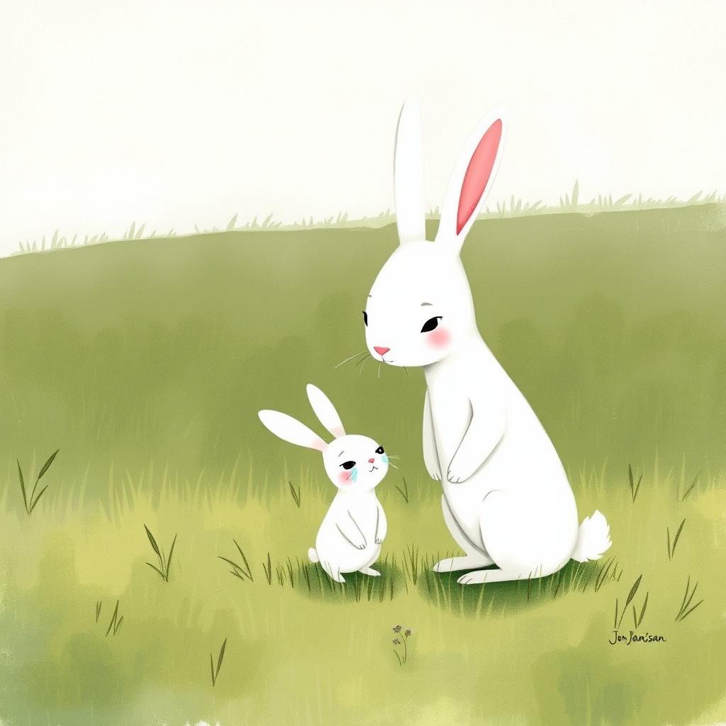 In a peaceful grassland scene, a small white rabbit is depicted standing on the grassy ground, tears glistening in its eyes as it cries