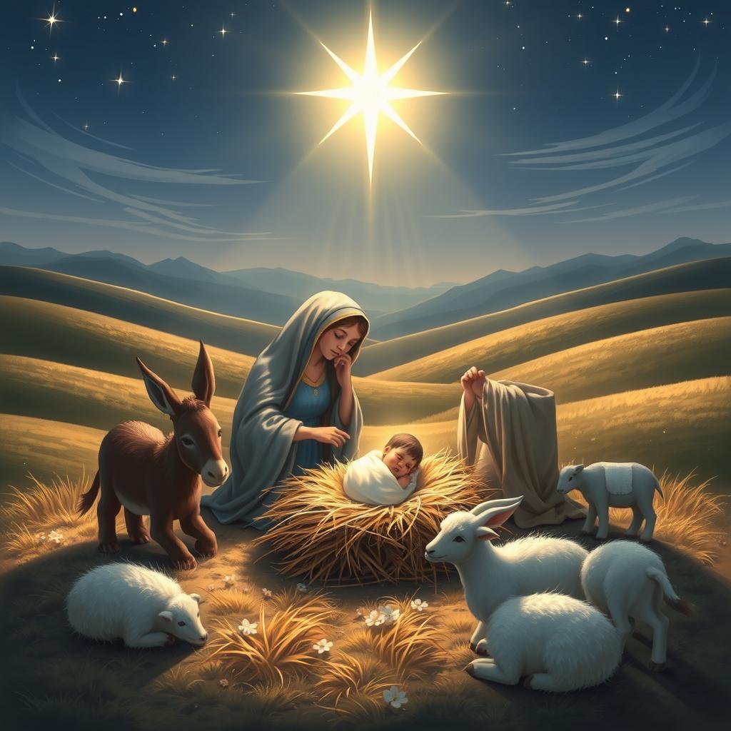 A beautiful nativity scene depicting the birth of Jesus Christ, with Mary and Joseph lovingly looking at their newborn son in a humble manger surrounded by soft hay