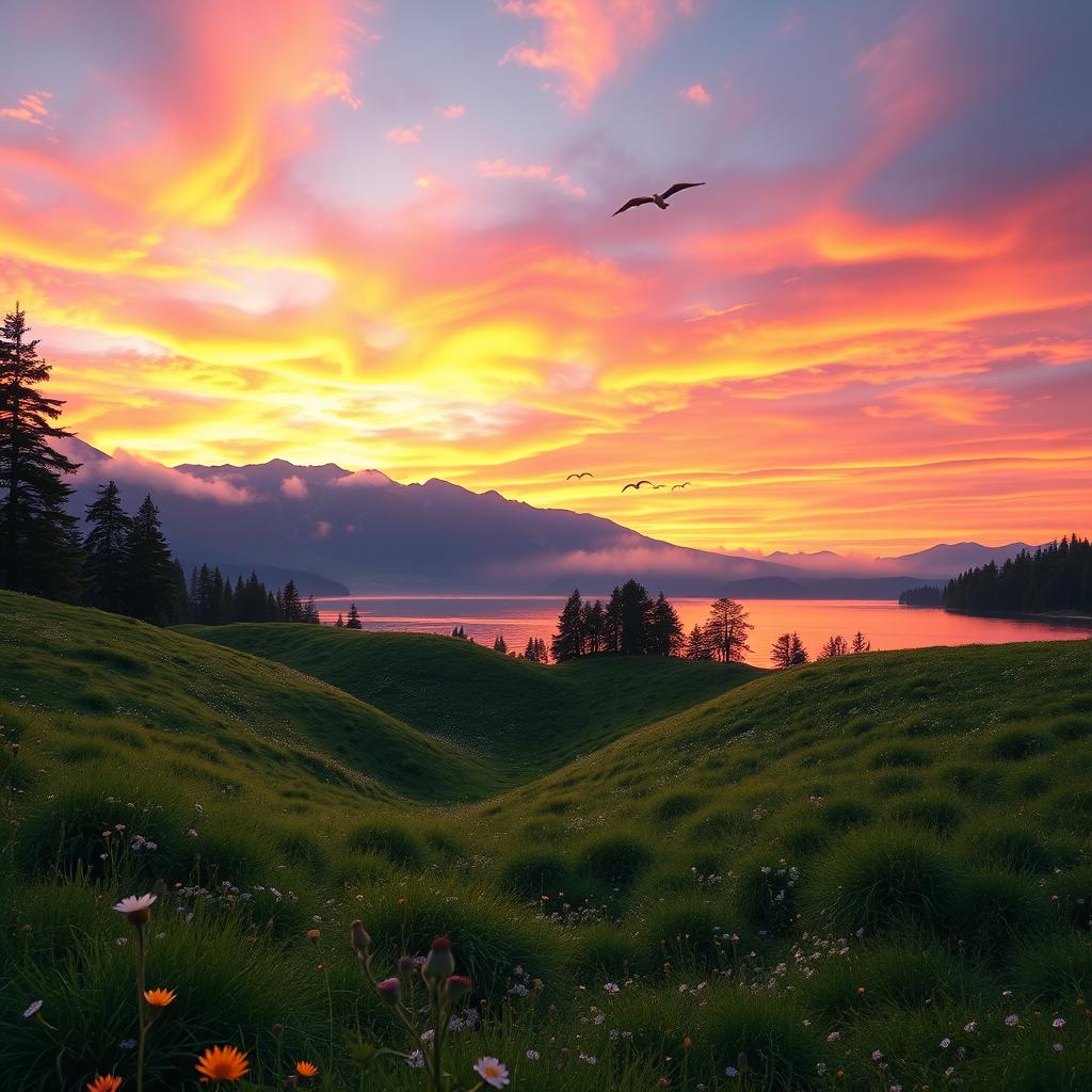 A visually captivating video scene featuring an enchanting landscape at sunset, with vibrant hues of orange, pink, and purple painting the sky