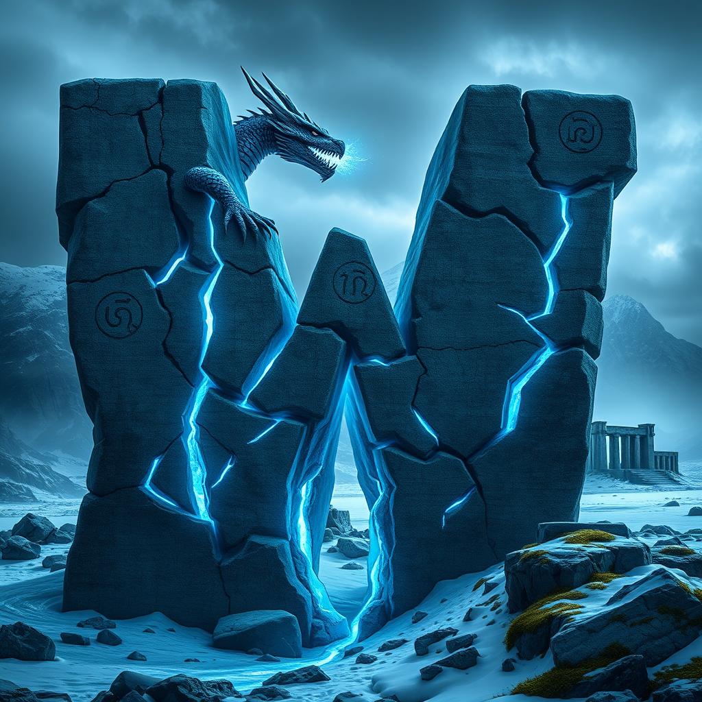 Epic Dark Fantasy: Norse Ice Dragon and Rune-Carved 'W' in Arctic Landscape