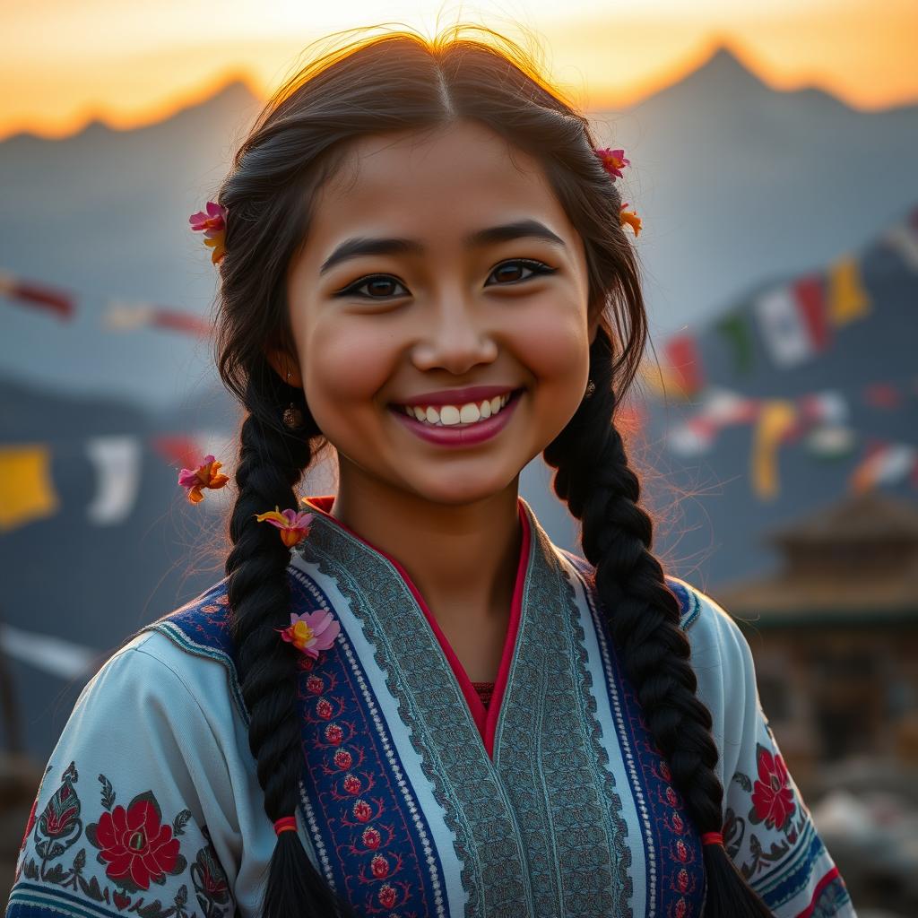 A cute Nepalese woman with a warm smile, wearing traditional Nepali attire, beautifully adorned with intricate patterns
