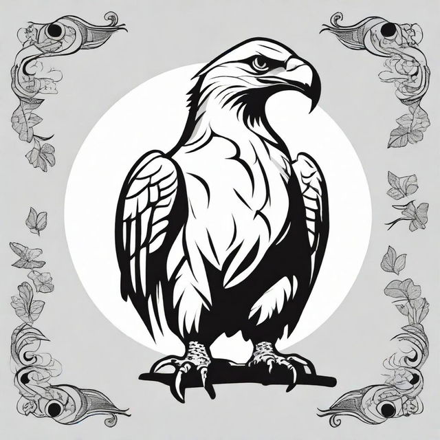 A black and white, high contrast vector-style illustration of an eagle holding a frog, set against a white background. The design should be simple, flat and drawn with line art, ensuring no colors.