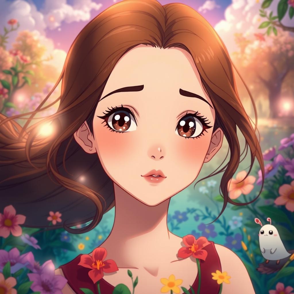 A beautiful woman with delicate features, vibrant eyes, and flowing hair, transformed into a whimsical Studio Ghibli animated style