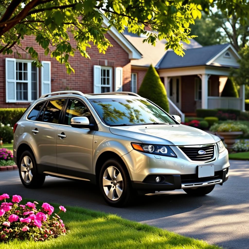 A 2013 Saab 9-6x SUV parked in a cozy suburban driveway, surrounded by a well-manicured lawn and blooming flower beds