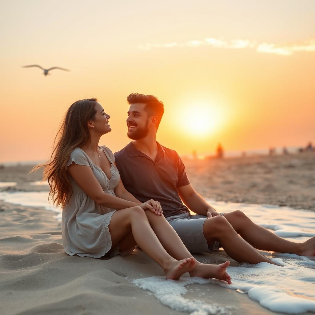 A romantic scene featuring Joshua and Samantha sitting together near the beach