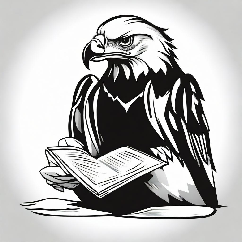 A high contrast, black and white vector-style illustration of an eagle reading a book on a white background. Maintain a simple, flat design and line art style without any use of colors.