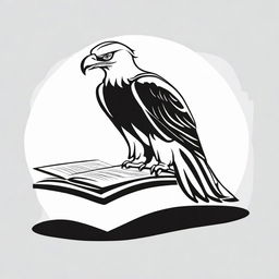 A high contrast, black and white vector-style illustration of an eagle reading a book on a white background. Maintain a simple, flat design and line art style without any use of colors.