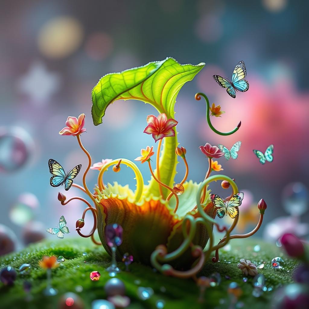 A beautifully surreal scene featuring a carnivorous plant that emerges from a dreamlike environment, its vibrant green leaves unfurling elegantly