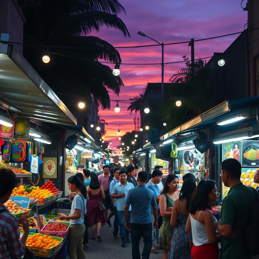 A vibrant street market scene at dusk, filled with colorful stalls selling exotic fruits, handmade crafts, and street food