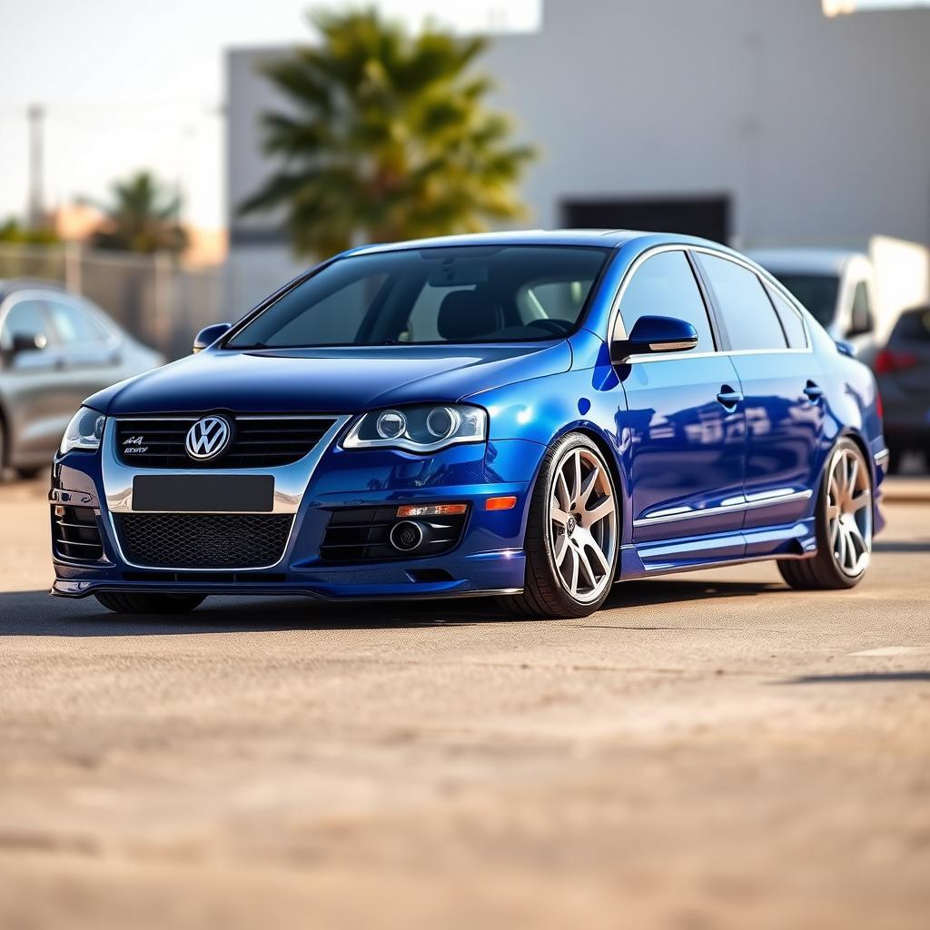A Volkswagen Passat B5 in a striking blue color, featuring a stylish tuned bodykit that gives it an aggressive and sporty appearance