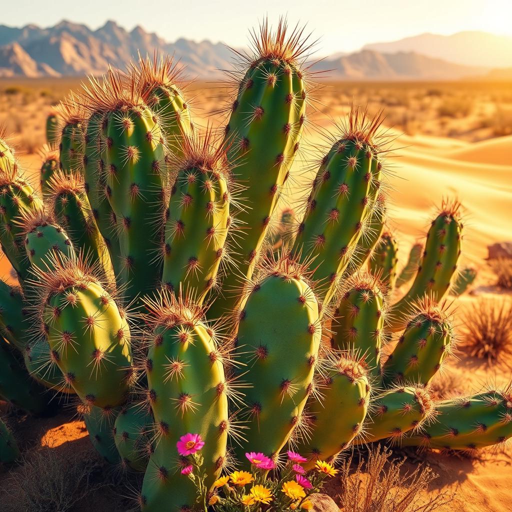 A vibrant and dynamic depiction of prickly pear cacti, their sharp spines jutting out dramatically, with some spines appearing to be launching or scattering into the air as if caught in an energetic breeze