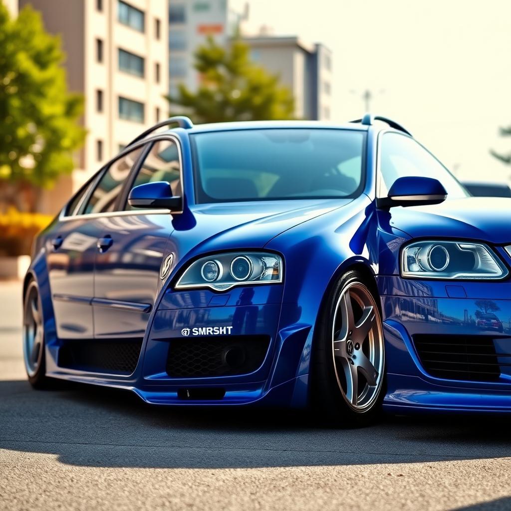 A stunning blue Volkswagen Passat B5 showcased with an aggressive tuned bodykit