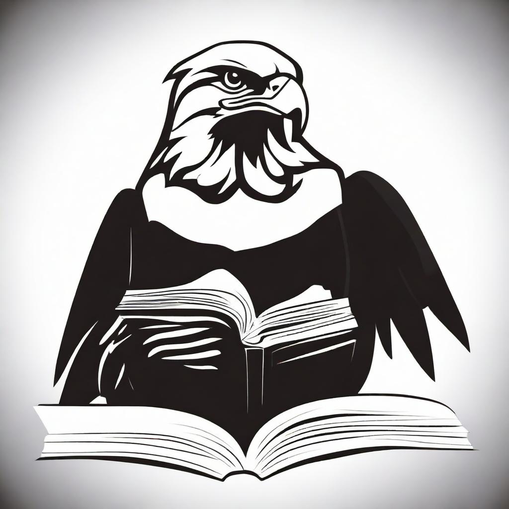 A high contrast, black and white vector-style illustration of an eagle reading a book on a white background. Maintain a simple, flat design and line art style without any use of colors.