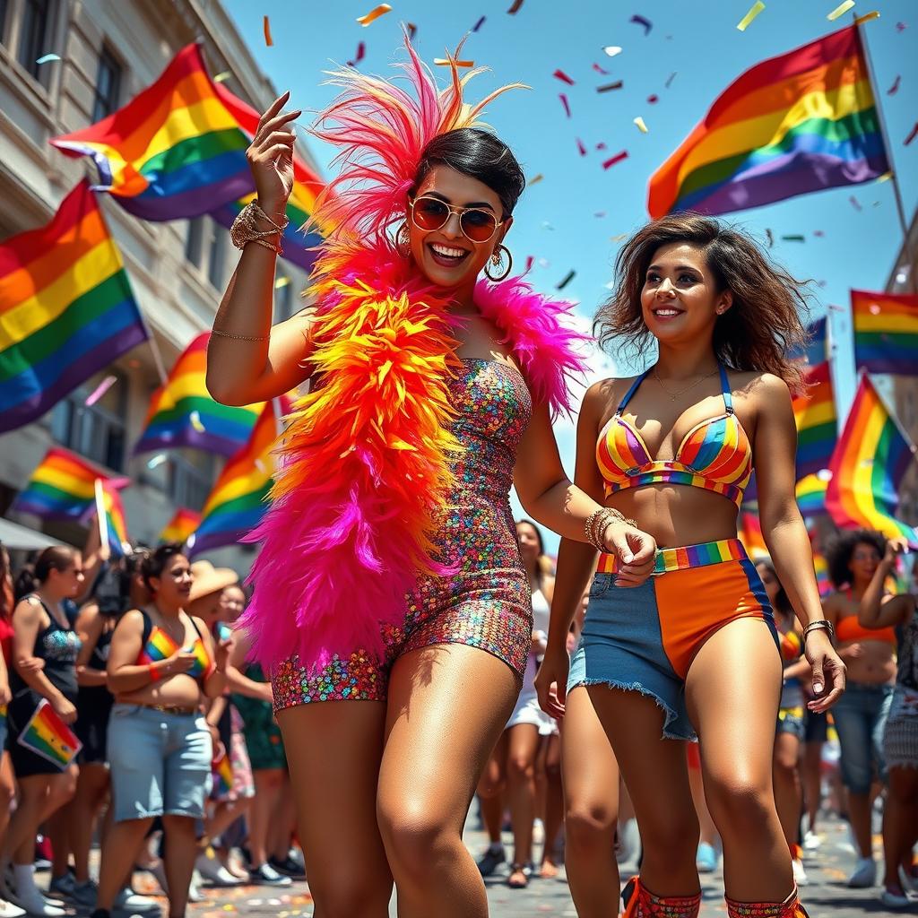 A vibrant and flamboyant parade scene celebrating LGBTQ pride, featuring diverse individuals in colorful clothing and accessories
