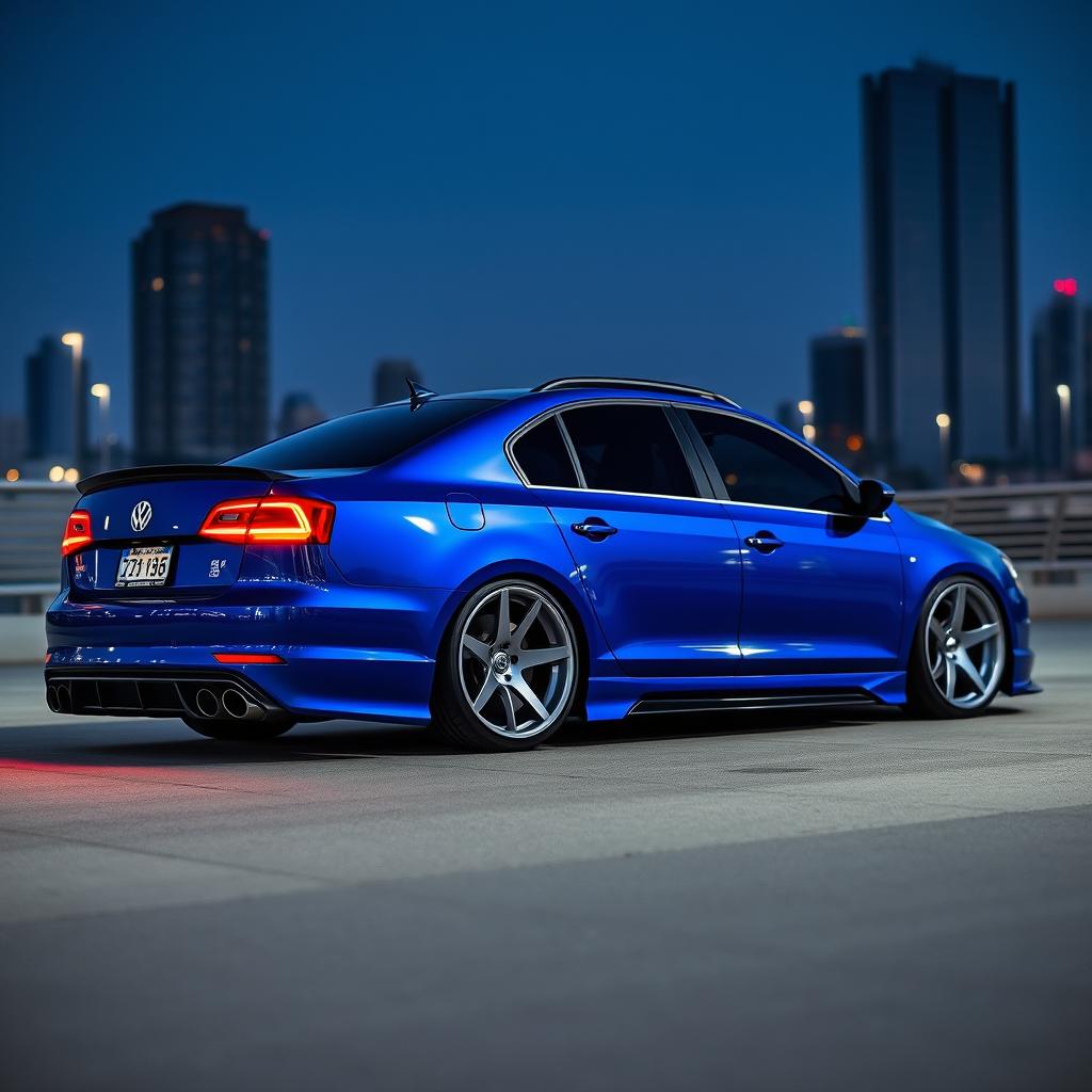 A modified Volkswagen Passat B5 in a striking blue color, showcasing a stylish and aggressive bodykit