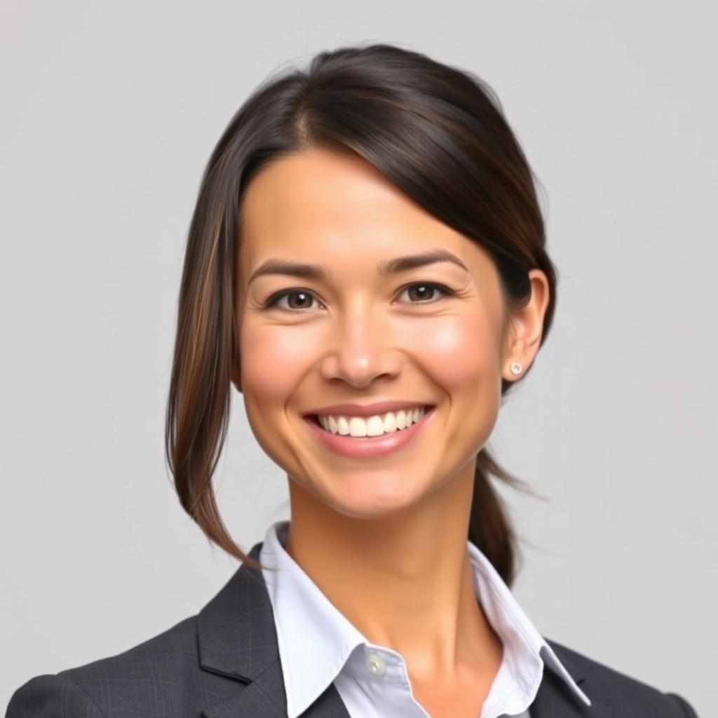 A professional portrait of a smiling person with a pleasant expression, looking slightly slimmer