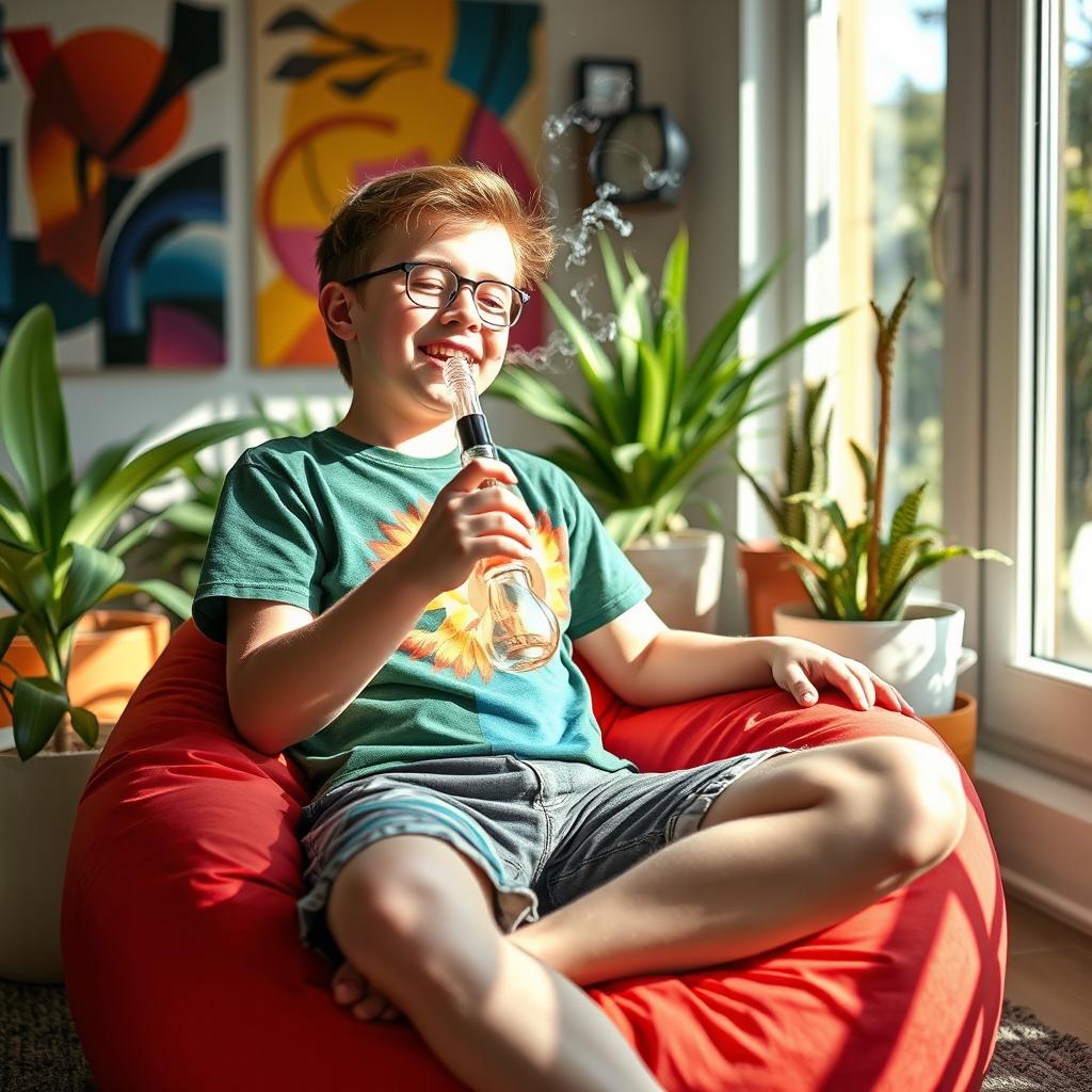 A young man with Down syndrome, wearing a colorful t-shirt and relaxed shorts, sitting comfortably on a vibrant bean bag chair