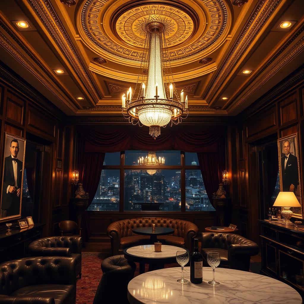 A luxurious mafia-style party hall featuring an opulent chandelier hanging from a grand ceiling, richly decorated with ornate moldings and plush velvet drapes