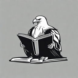 A high contrast, black and white vector-style illustration of an eagle reading a book on a white background. Maintain a simple, flat design and line art style without any use of colors.