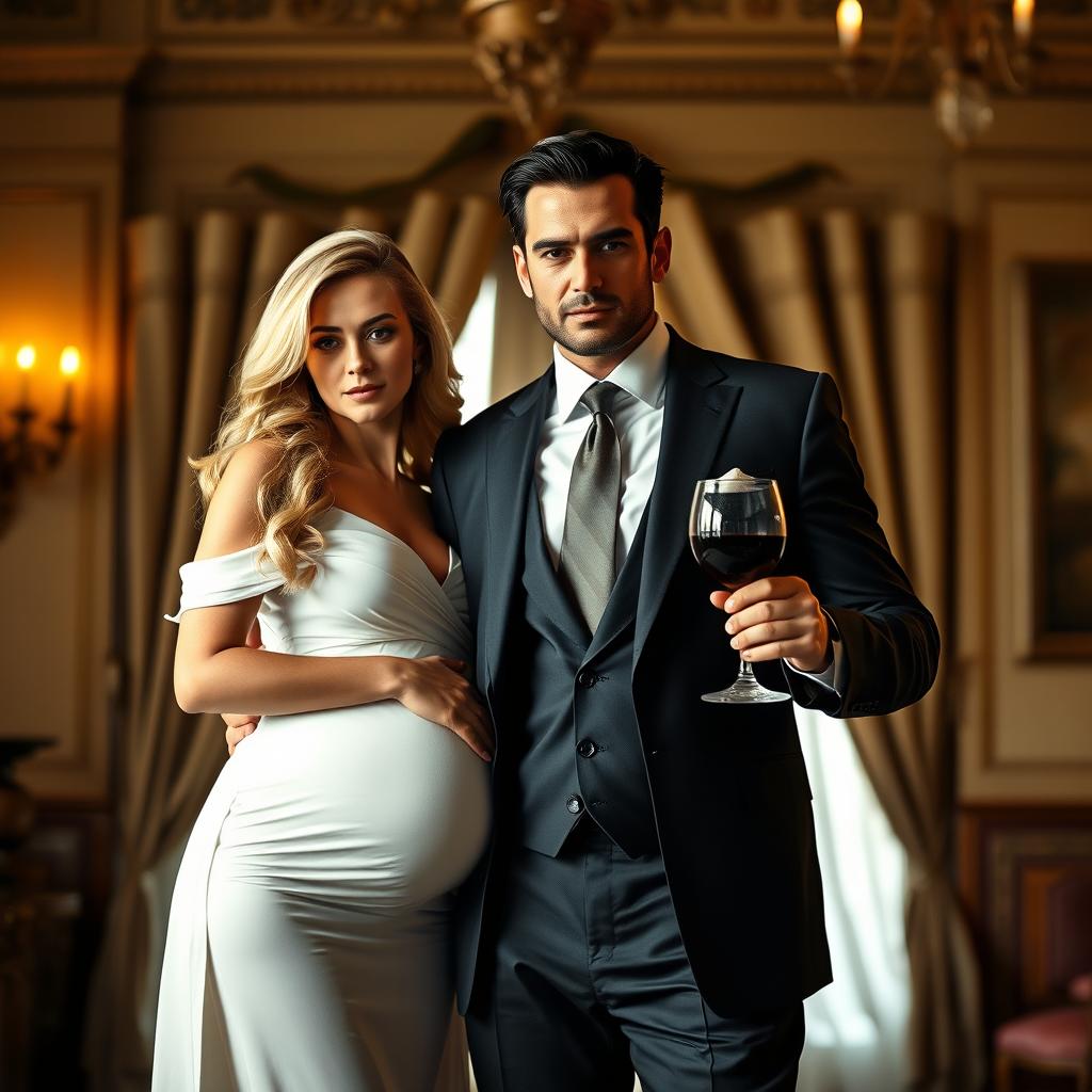An Italian mafioso dressed in a tailored black suit with a crisp white shirt and a classic tie, exuding confidence and charm