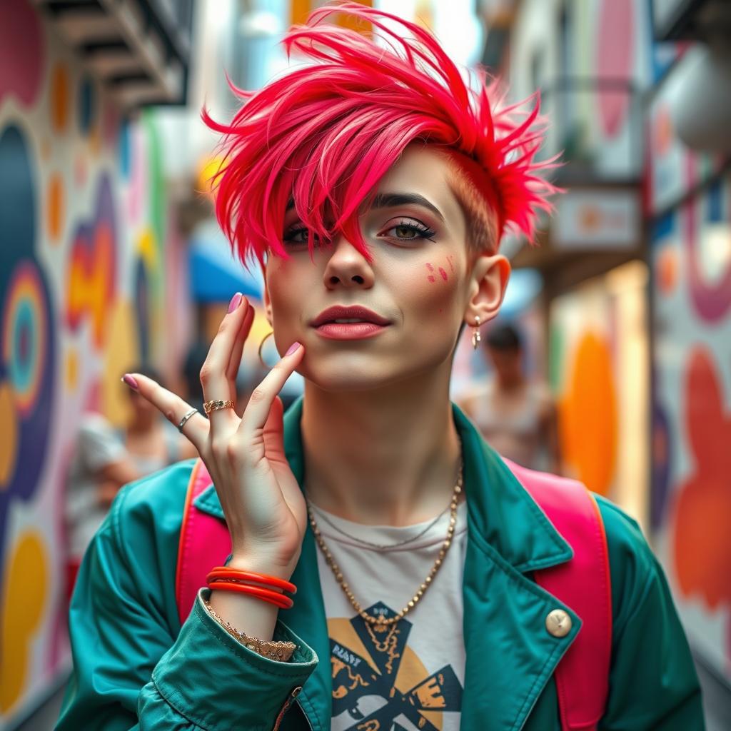 A playful and colorful portrait of a sissyboy with bright red hair styled in a trendy fashion, wearing fashionable and vibrant clothing that emphasizes a playful aesthetic
