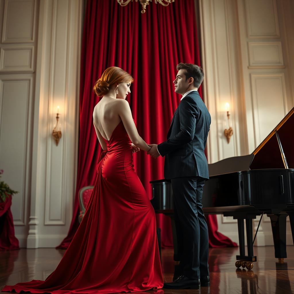A scene featuring a tall, slim woman with striking red hair, sitting gracefully with her back to the viewer