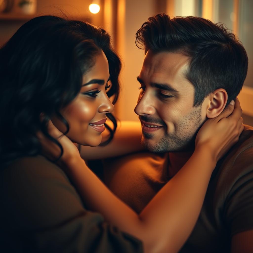 A young woman, 19 years old, with brown skin and wavy black hair, very attractive, is in an intimate setting with her boyfriend, a handsome 40-year-old man of German nationality