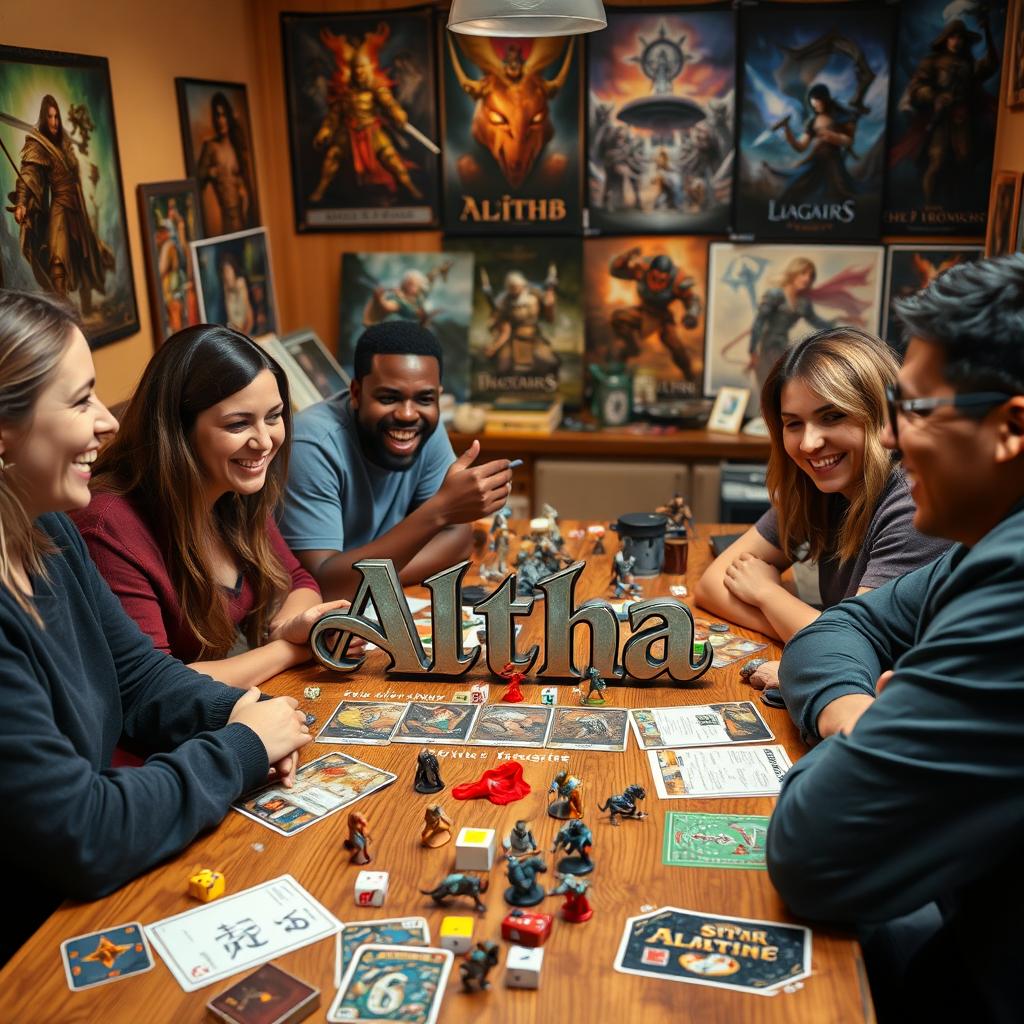 A lively scene of a diverse group of friends, including a Caucasian woman, a Black man, a Hispanic woman, and an Asian man, gathered around a wooden table covered with colorful game materials for a tabletop role-playing game