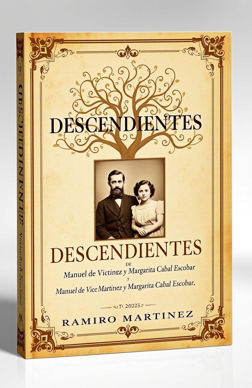 A visually striking book cover for a historical novel titled 'DESCENDIENTES DE Manuel de Vicente Martinez y Margarita Cabal Escobar' by author Ramiro Martinez, published in 2025