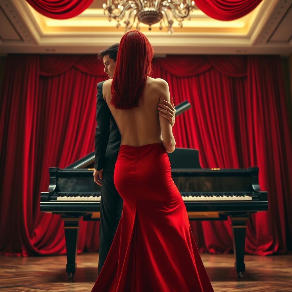 A scene featuring a tall, slim woman with vibrant red hair, seated elegantly with her back to the viewer