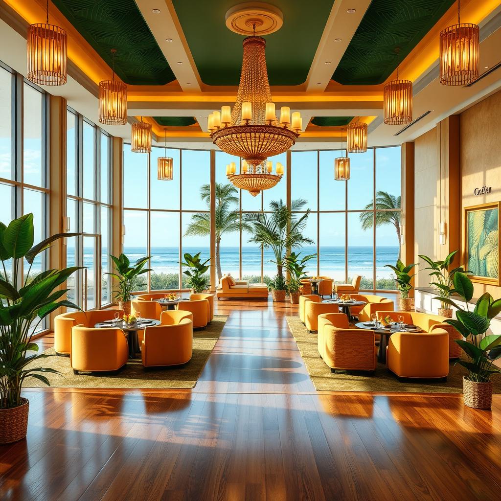 An exquisite interior design of a function hall situated in a beach resort, showcasing a tropical luxury theme