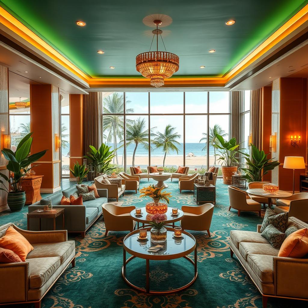 A stunning interior design of a function hall at a beach resort, showcasing tropical luxury