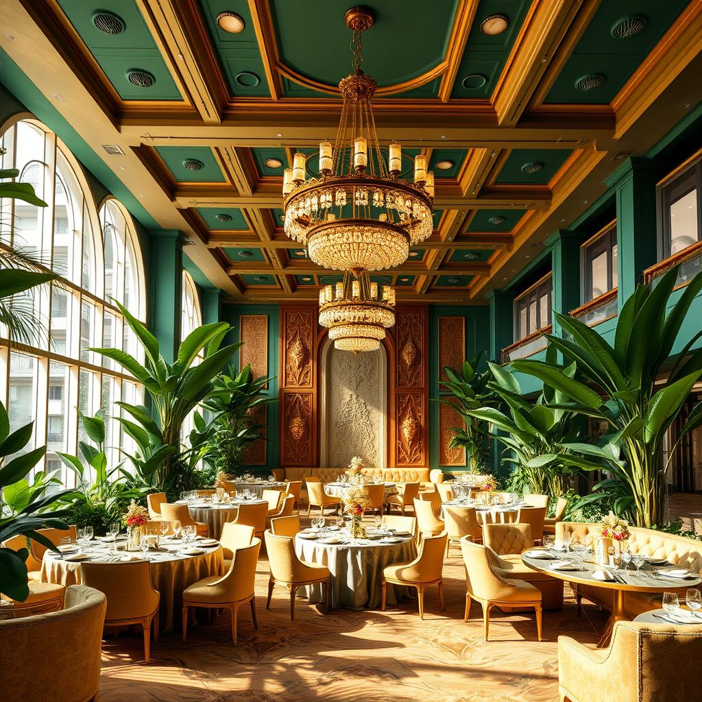 A luxurious tropical banquet hall designed for receptions and events, featuring an opulent interior with shades of emerald green, rich caramel, and elegant gold