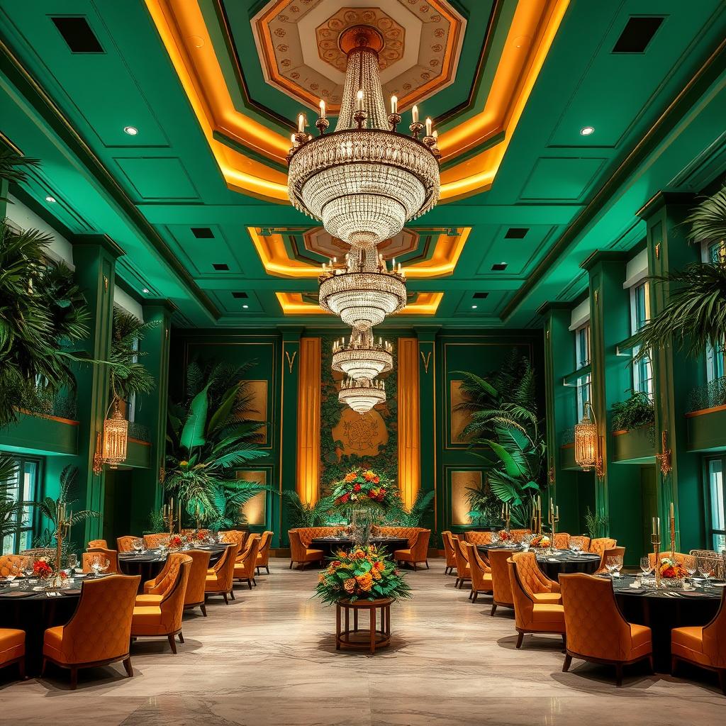 A luxurious interior design of a tropical banquet hall or reception space, showcasing a harmonious blend of emerald green, rich caramel, and glamorous gold